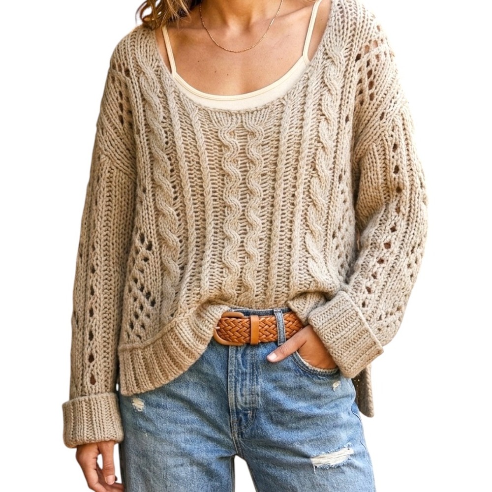 Free People Oatmeal Beige Cable Knit Mohair Wool Blend Crashing Waves Sweater S